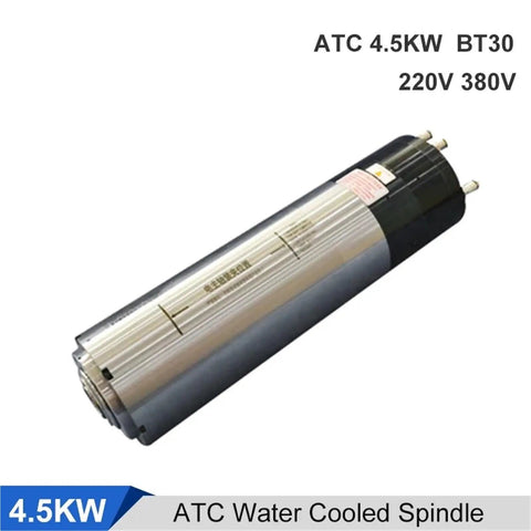 Supercharged 4.5KW Water Cooled Spindle Featuring Automatic Tool Change With Bt30 Taper Design, side view of spindle.