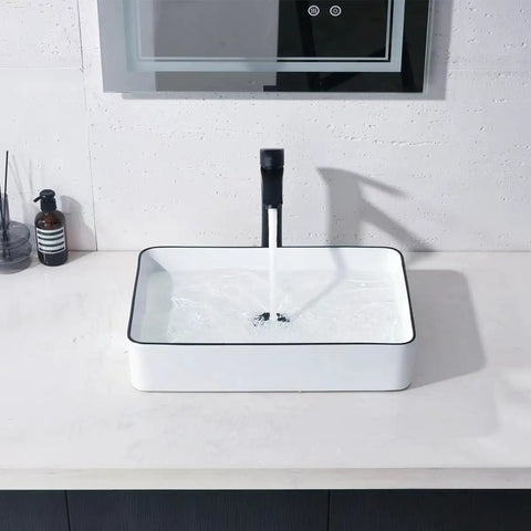 Rectangular Vessel Sink 20 By 14 Inch Above Counter White With Black Rim Premium Porcelain Ceramic Lavatory Vanity Basin