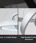 Lit Modern LED Ceiling Chandelier With Acrylic Crystal Pendant, Adjustable 3 Ring Design, close-up on frosted aluminum and crystal ring