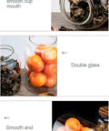 Hefty Big Boy Borosilicate Glass Storage Jar With Solid Wooden Cork Lid Heavy Duty Airtight Kitchen Container For Coffee Beans Spices And Pantry Staples 1200 Ml Heatproof Snack Stash Keeper with oranges inside and dry herbs.