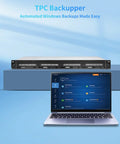 Rock Solid Four Bay 1U Rack Mount Diskless DAS Hard Drive Enclosure Featuring Hot Swap Bays displayed beside a laptop.