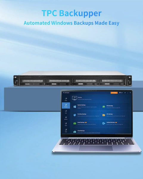 Rock Solid Four Bay 1U Rack Mount Diskless DAS Hard Drive Enclosure Featuring Hot Swap Bays displayed beside a laptop.