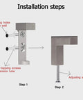 Installation steps for Four Pack Mini Brushed Zinc Alloy Glass Shelf Clamps With Rubber Cushions, wall drilling and screw adjustment.