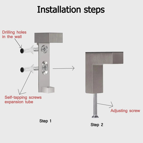 Installation steps for Four Pack Mini Brushed Zinc Alloy Glass Shelf Clamps With Rubber Cushions, wall drilling and screw adjustment.