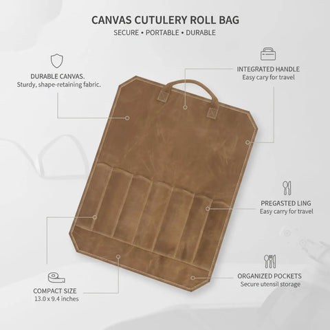 Canvas Cutlery Roll Bag With Handle Portable Knife Storage Case for Camping and Travel, open showing individual slots.