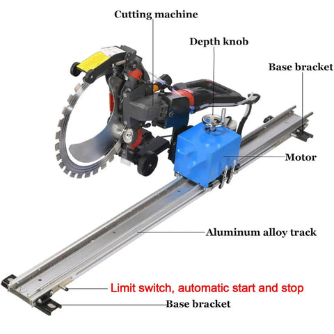 Heavy Duty Job Site Ready Automatic Wall Cut Off Saw With Plug And Play Remote Track For Dead Solid Concrete Brick Tile Grooving 150W Orbital Rotary Chaser with motor and aluminum alloy track.