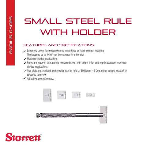 Small Steel Rule With Holder in Protective Case, professional grade precision measuring tool shown with features and specs