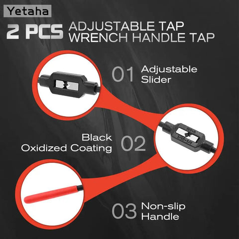 Two-Piece Adjustable Tap Wrench Handles Set With Reamer Ratcheting Action, black oxidized coating, non-slip handle highlights