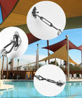 Triangle Shade Sail Hardware Kit Stainless Steel 304 Marine Grade Includes Turnbuckles Pad Eyes Snap Hook 18 Piece DIY Ready Outdoor Installation Kit Weather Resistant For Patio Lawn Garden Silver shown by a pool.