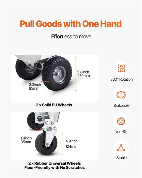 Heavy Duty Aluminum Hand Truck 2 In 1 Folding Dolly With PU Wheels, Boss Level Industrial Cart For Home, Office, And Job Site, 360 Degree Braking Wheels For Smooth, Stable Transport On Any Terrain, 2x solid PU wheels