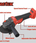 18V Cordless Angle Grinder with Brushless Motor, includes three four and one half inch wheels, tool only, tool view with labels