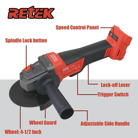18V Cordless Angle Grinder with Brushless Motor, includes three four and one half inch wheels, tool only, tool view with labels