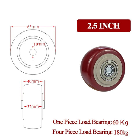 Close-up of 2.5 inch Heavy Duty 4 Pc Wheel Casters Lot With Solid PVC Treads for transporting equipment easily.