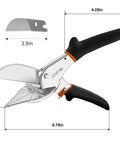 Adjustable Miter Shears For Trim And Molding, Smooth 45 To 135 Degree Cuts For Soft Wood PVC Plastic Rubber Leather, Easy To Use, Includes Replacement Blades, Hand Tool Designed For DIY Projects And Crafting Like A Pro, shown with dimensions and extra blade
