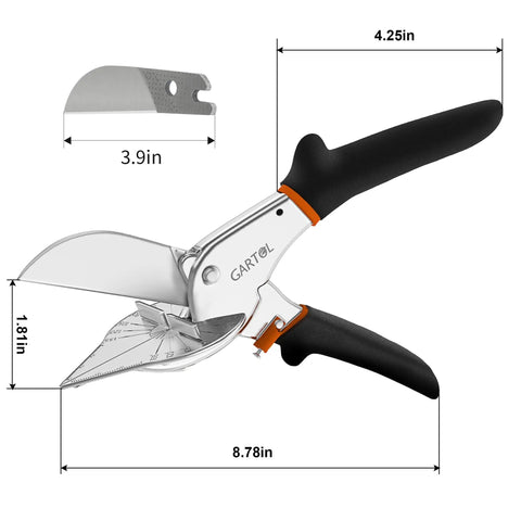 Adjustable Miter Shears For Trim And Molding, Smooth 45 To 135 Degree Cuts For Soft Wood PVC Plastic Rubber Leather, Easy To Use, Includes Replacement Blades, Hand Tool Designed For DIY Projects And Crafting Like A Pro, shown with dimensions and extra blade