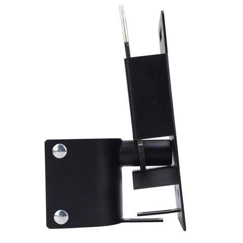 Heavy Duty Two Way Lockable Gate Latch For Round Tube Fences With Auto Close Mechanism, black metal profile view.
