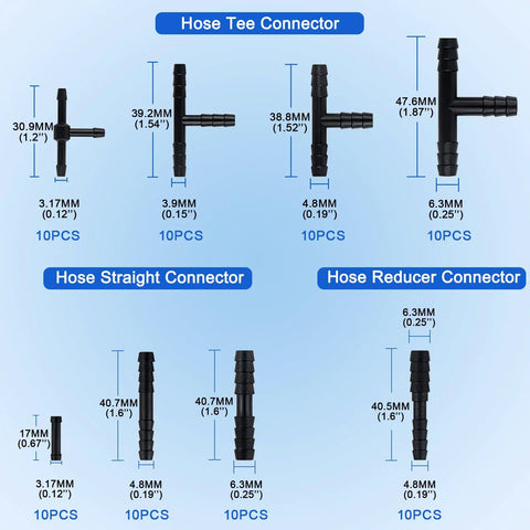 Diagram of Epic 84 PC Silicone Vacuum Hose Kit With 6.6 Ft Hoses And 80 Connectors For Cars And DIY Auto Projects, showing tee, straight, and reducer connectors with dimensions.