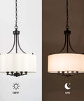 Totally Chic Modern Farmhouse Drum Chandelier with Linen Fabric Shades shown off and on, clean candle style, 16 inch diameter.