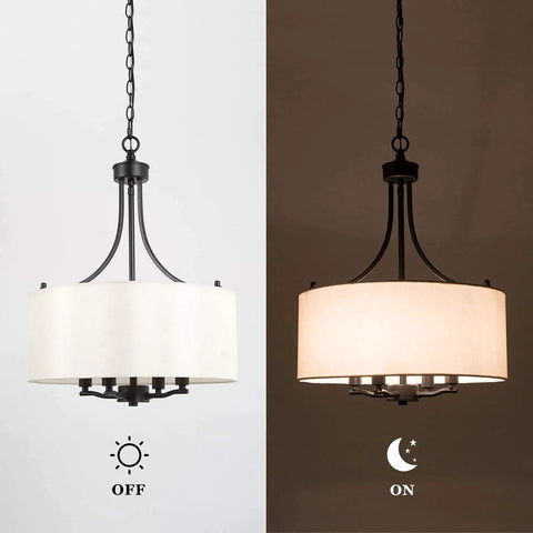 Totally Chic Modern Farmhouse Drum Chandelier with Linen Fabric Shades shown off and on, clean candle style, 16 inch diameter.