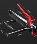 Professional Manual Tile Cutter 1000mm dimensions shown with red handle, steel base, and sliding mechanism for precise cuts.