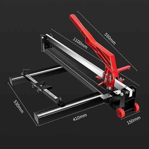 Professional Manual Tile Cutter 1000mm dimensions shown with red handle, steel base, and sliding mechanism for precise cuts.