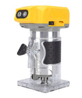 Cordless Wood Router With Brushless Motor 800W Power Five Variable Speeds Up To 30000 RPM Woodworking Trimming Kit in yellow and grey.