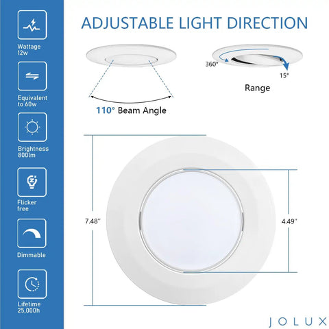 Jolux 6 Pack 5/6 Inch 5CCT LED Can Light Gimbal Retrofit Downlight with adjustable beam angle and dimensions.