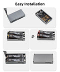 Slick Aluminum M.2 NVMe SSD RAID Enclosure with images showing easy installation steps and components, featuring tools and connectors.