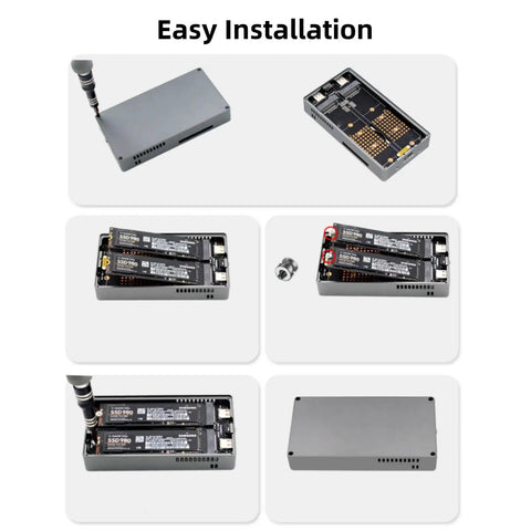 Slick Aluminum M.2 NVMe SSD RAID Enclosure with images showing easy installation steps and components, featuring tools and connectors.