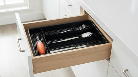 Swanky Four Compartment Utensil And Cutlery Drawer Organizer Tray In Matte Black For Kitchens Or Junk Drawers With Drainage Mesh Bottom keeps utensils organized in drawer.