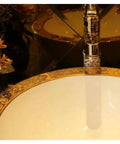 Close-up of USZWBY Bathroom Vessel Sink, Basin Sink Golden Edge Artistc Pocelain Countertop Thick Wall Round Bathroom Sink Wash Basin-2 with golden rim.
