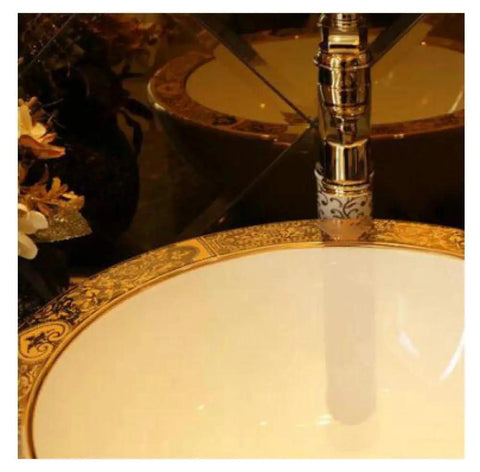 Close-up of USZWBY Bathroom Vessel Sink, Basin Sink Golden Edge Artistc Pocelain Countertop Thick Wall Round Bathroom Sink Wash Basin-2 with golden rim.