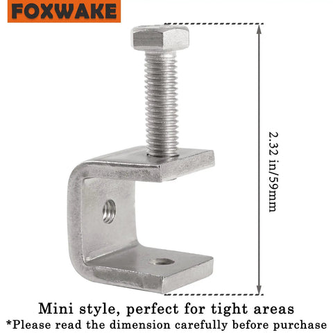 Mini C Clamps Stainless Steel 0.83 Inch For Working shown in side view with 2.32 inch height and threaded screw, ideal for tight areas.