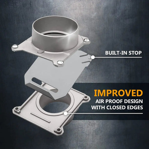 Hefty 4 Inch Aluminum Blast Gate For Dust Collection Rig With Anti Clog Valve and lockdown air seal showing air proof design and built-in stop.