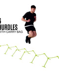 Athlete jumping over adjustable speed hurdles set of 6 for agility and plyometrics, three heights 6, 9, 12 inches, quick click system.