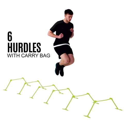Athlete jumping over adjustable speed hurdles set of 6 for agility and plyometrics, three heights 6, 9, 12 inches, quick click system.