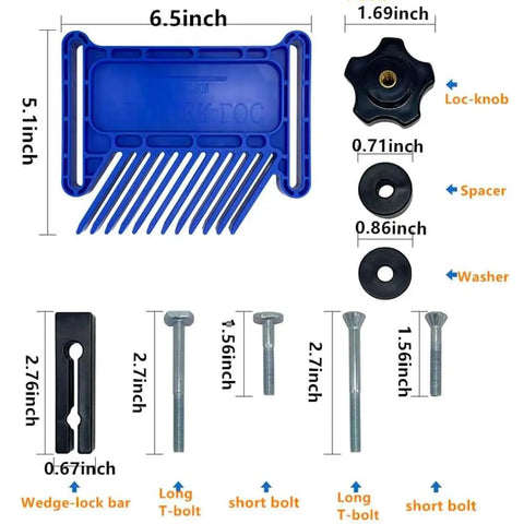 Workhorse Stackable Featherboard Rig For Table Saw Router And Bandsaw With Tight Lock Anti Kickback Bar T Track Mount Blue Grip Handles No Sweat Setup parts with measurements and details.