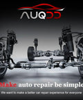 Car suspension and wheel system with AUQDD logo and slogan 'Make auto repair be simple', featuring tires and shock absorbers.