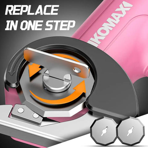 Close-up of Heavy Duty Cordless Electric Scissors With Three Razor Blades showing the blade replacement mechanism and additional blades.