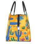 Side view of Desert Cactus Pattern Insulated Lunch Bag for Women and Men, featuring vibrant design and sturdy zipper for perfect sealing.