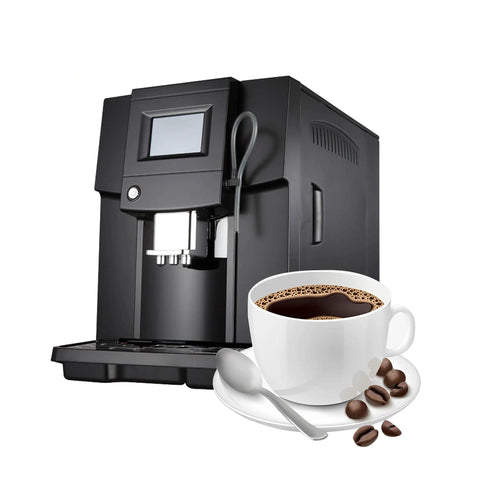 Automatic Bean to Cup Coffee Machine Brewing Smooth Espresso in Thirty Seconds With Zero Fuss with cup of coffee and beans.