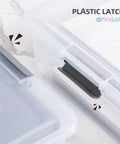 Close-up of two 10-quart stackable plastic storage bins with lids, showing secure plastic latches for crafts and home organization.