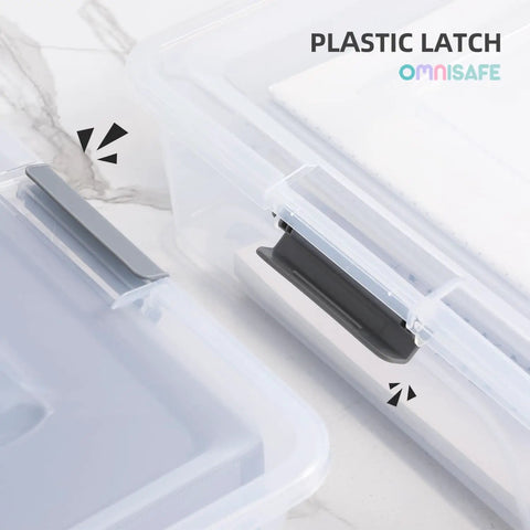 Close-up of two 10-quart stackable plastic storage bins with lids, showing secure plastic latches for crafts and home organization.