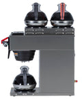 Side view of Automatic Commercial Coffee Brewer With Three Warmers And Back Up Pourover Plumbed Water Line SplashGard Funnel Hot Water Faucet All Stainless Steel Designed And Assembled In The USA Decanters Not Included.