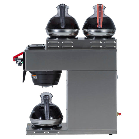 Side view of Automatic Commercial Coffee Brewer With Three Warmers And Back Up Pourover Plumbed Water Line SplashGard Funnel Hot Water Faucet All Stainless Steel Designed And Assembled In The USA Decanters Not Included.