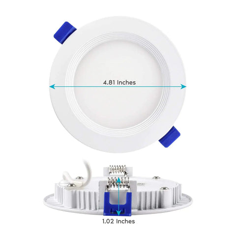 Top view of 4 Inch Ultra Thin LED Recessed Downlight Kit, 10W, 700 Lumens, Dimmable, 3 Color CCT, dimensions shown.