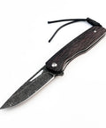 Damascus Steel Folding Pocket Knife with 3.35 Inch Blade and Rosewood Handle, ultra lightweight EDC utility knife for camping.