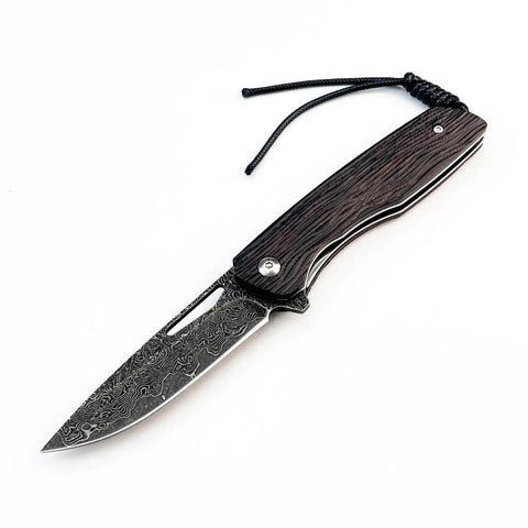 Damascus Steel Folding Pocket Knife with 3.35 Inch Blade and Rosewood Handle, ultra lightweight EDC utility knife for camping.