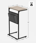 C Shaped End Table For Couch And Recliner With Under Sofa Sliding Laptop Tray And Storage Pockets, Greige Finish, 22 lbs capacity