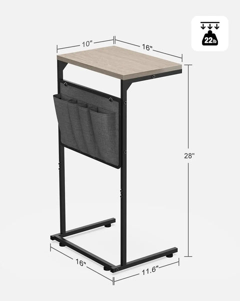C Shaped End Table For Couch And Recliner With Under Sofa Sliding Laptop Tray And Storage Pockets, Greige Finish, 22 lbs capacity